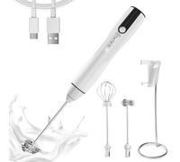 Socueny Rechargeable Milk Frother Handheld with 3 Speeds, Powerful Whisk Drink Mixer with 2 for Coffee, Foam Maker White