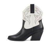 Soda “BLAZING” ~ Women Western Stitched Pointe Toe Low Heel High Top Ankle Shaft Boot Bootie, Black/White Pu, 4 UK