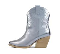 Soda “BLAZING” ~ Women Western Stitched Pointe Toe Low Heel High Top Ankle Shaft Boot Bootie, Blue Metallic Pu, 6 UK