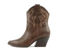 Soda “BLAZING” ~ Women Western Stitched Pointe Toe Low Heel High Top Ankle Shaft Boot Bootie, Brown Pu, 6.5 UK