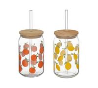 Soda Cup Drinking Glasses with Bamboo Lid and Straw 450ml Set of 2 Glass Soda Cup Reusabale Printed Can Shaped Glass for Smoothies Iced Coffee Juice (Set of 2 (Orange,Lemon))