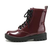 Soda FIRM - Lug Sole Combat Ankle Bootie Lace up w/Side Zipper, Burgundy Patent, 4.5 UK