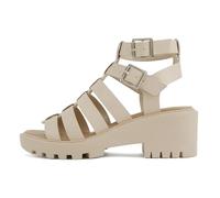 Soda “Rebirth” ~ Women Open Toe Fisherman Multi Strap Buckle Lug Sole Low Block Heeled Sandals, Natural Pu, 7.5