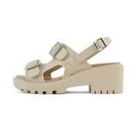Soda “Rebirth” ~ Women Open Toe Fisherman Multi Strap Buckle Lug Sole Low Block Heeled Sandals, Pu Beige, 5.5