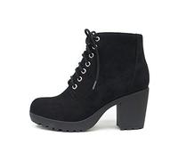 Soda Second Lug Sole Chunky Heel Combat Ankle Bootie Lace up w/Side Zipper, Black Imitation Suede, 6.5 UK