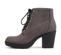 Soda Second Lug Sole Chunky Heel Combat Ankle Bootie Lace up w/Side Zipper, Charcoal Grey Suede, 5.5 UK