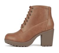 Soda Second Lug Sole Chunky Heel Combat Ankle Bootie Lace up w/Side Zipper, Cognac Pu, 6 UK