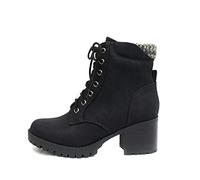Soda Single Lug Sole Chunky Heel Combat Ankle Boot Lace up w/Side Zipper, Black (Nubuck), 5 UK