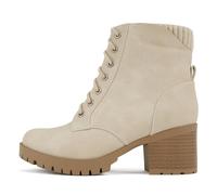 Soda Single Lug Sole Chunky Heel Combat Ankle Boot Lace up w/Side Zipper, Off-white, 4.5 UK