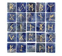 Sodalite Runes Crystal Rune Stones Set 25Pcs Elder futhark Viking Gemstone Reiki Healing Golden Engraved Runic Alphabets Divination Meditation Spiritual Gifts for Women Witchcraft Supplies