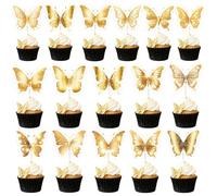 Sodasos 64 Pcs Butterfly Cupcake Toppers 3D Happy Birthday Black gold Flash starry sky dream Cake Topper for Girls Women's Baby Shower Cake Party Pick Decorations (gold)