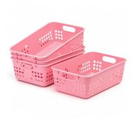 Soddeph 4-Pack Medium Thickened Storage Baskets with Handles,pink | Low-profile slide-in design, open-weave drainage, thickened crack-resistant plastic, stackable nesting, multi-space storage