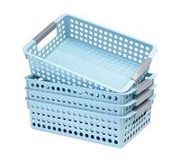 Soddeph 4 Pack Small Plastic Storage Baskets for Organizing, Stackable Bins with Handles for Shelves, Multipurpose Drawer Trays (Blue)