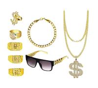 sodeber 8Pcs 80s 90s Outfits Hip Hop Costume Kits Cool Rapper Accessories Gold Chain, Gold, Sunglass, Rings Necklace Hip Hop Costume Kits