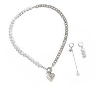 sodeber Cuban Chain Earrings and Necklace Layer Pearls Bead and Silver Chain Earrings and Set for Everyday Wea Love Heart Pendant