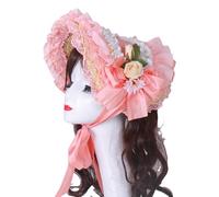 sodeber Handmade Victorian Bonnet Hat With Ruffled Trim And Flower Straw Sun Hat For Vintage Enthusiast Teaparty Costume Props