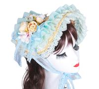 sodeber Handmade Victorian Bonnet Hat With Ruffled Trim And Flower Straw Sun Hat For Vintage Enthusiast Teaparty Costume Props