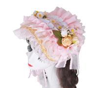 sodeber Handmade Victorian Bonnet Hat With Ruffled Trim And Flower Straw Sun Hat For Vintage Enthusiast Teaparty Costume Props