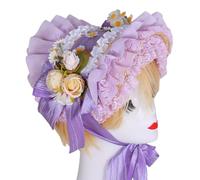 sodeber Handmade Victorian Bonnet Hat With Ruffled Trim And Flower Straw Sun Hat For Vintage Enthusiast Teaparty Costume Props
