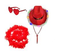 sodeber LED Cowboy Hat&Heart With Scarf Set Christmas Glowing Hat Western Elegant Dress Accessory