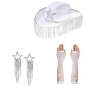sodeber Rhinestones Fringed Cowgirl Costume Set For Bachelorettes Party Cowboy Hat ArmSleeves Women Bridal Shower
