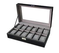 Sodynee WBPU12-03 Watch Dislpay Box Organizer, Pu Leather with Glass Top, Large, Black,12"(D) x 7.5"(W) x 3.2"(H)