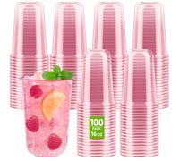Soelomu 16 oz Pink Plastic Cups, 100 Pcs Disposable Stemless Wine Glasses | Round Bottom, Cocktail Party Cups, Wedding Birthday Meeting Gathering