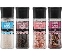 Soeos Black Peppercorns + White Sea Salt + Rainbow Peppercorns + Pink Salt, 9.8oz(277.82g) Spice Total, Plastic Bottle Grinder with Spice Included, Salt and Pepper Set, Grinder Set, Spice Set.