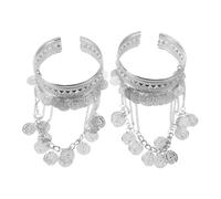 SOESFOUFU 2pcs Belly Dance Wrist, Adjustable Cuff Bracelets for Women - Metal Bracelet with Coin & Chain for Arm Indian Holiday Costume Accessories (Silver)