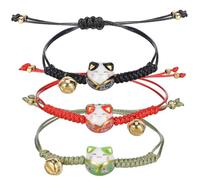 SOESFOUFU 3 Pcs Lucky Cat Bracelets Set for Women with Adjustable Cord and Bell, Ceramic Cat Charms on Wax String in Red, Green, and Black, for Casual or Formal Events and Japanese Tradition