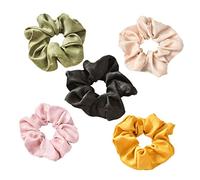 SOESFOUFU 5pcs Solid Satin Stretch Hair Ties Elastic Ponytail Holders Seamless Cloth Hair Ropes for Women and Girls Set Yellow Green Pink Khaki Black