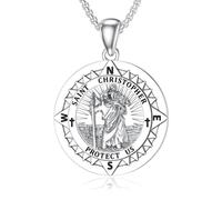SOESON St Christopher Necklace 925 Sterling Silver Saint Christopher Patron Medals Amulet Necklace Protection Religious Amulets Jewelry for Men (22"+2" Chain)