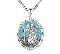SOESON St Christopher Necklace for Men, St Christopher/Jesus Necklace 925 Sterling Silver Turquoise Gravel Antiqued Religious Pendant Men Necklaces Talisman Jewellery Gift