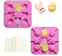 SOESS 2 Pack Easter Lollipop Candy Silicone Molds 8- Cavity Bunny Eggs Lollipop Mold Chocolate Hard Candy Mold including Rabbit, Mouse, Eggs 80 Lollipop Sticks,Candy Treat Bags and Twist Ties