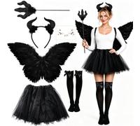 SOETDERT Women's Black Angel Costume, Devil Angel Wings Costume, Halloween Costume, Black Angel Wings with Tutu Skirt, Devil Horns Headband, Magic Wand for Carnival, Fancy Dress, Theme Party