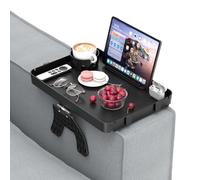 Sofa Arm Tray, Adjustable Clip Armchair Tray Table Large Capacity Plastic Couch Caddy With Cup Holder Removable Phone Pad Holder Armrest Organiser Snack Table For Different Armrest Widths 41.6x28cm