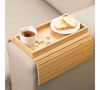 Sofa Arm Tray, Bamboo Foldable Couch Tray with Anti-Slip Fabric Backing, Sofa Side Table for Drinks, Snack, Magazine, and Remote(wood)