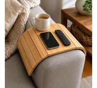 Sofa Arm Tray, Foldable Wooden Armrest Tray in Hevea Wood, Non-Slip Couch Arm Table for Drinks, Snacks, Remote & Phone, Space-Saving Sofa Organiser for Square and Rounded Armrests