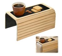 Sofa Arm Tray Natural Bamboo, Foldable Couch Arm Table with Black Coaster, Non-Slip Sofa Armrest Organizer for Recliners and Sectionals, Couch Armrest Table Tray for Snacks, Coffee, Drinks, Phone