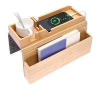 Sofa Arm Tray with Cup Holder, Bamboo Wooden Couch Side Table Organizer, Non-Slip TV Side Table for Drinks Snacks Remote, Charging Cord Slot, Versatile Armrest Caddy for Living Room(Bamboo)
