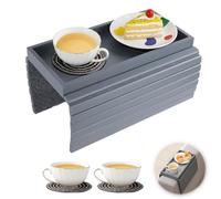 Sofa Arm Tray with Cup Mats, Foldable Sofa Arm Table Couch Tray, Anti-Slip Sofa Tray Table Armchair Table Couch Armrest Tray Couch Cup Holder Tray Sofa Side Table for Snacks, Remote, Cups (Grey)