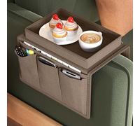 Sofa Armrest Organizer, Couch Caddy Arm Hanging Storage Bag With Cup Holder Tray, Anti-slip Armchairs Bedside Caddy Pouch Sofa Tidy Table for TV Remote Control Cellphone Magazines Glasses (Coffee)