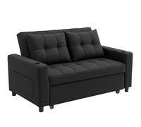Sofa Bed 2-Seater Black Linen-Feel Convertible Loveseat 157x90x91cm With Pockets
