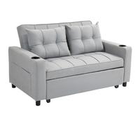 Sofa Bed 2-Seater Charcoal Grey Linen-Look 157cm Fold-Out with Pockets w/ Cups &