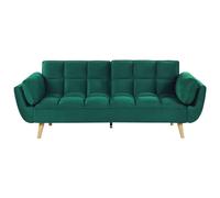 Velvet 3 Seater Sofa Bed Green Wooden Legs Woven Back Biscuit Padding Asby
