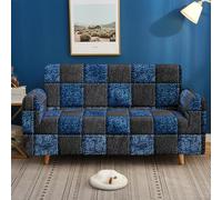 Sofa Cover 3 Seater Black Blue Grid Couch Covers Non Slip High Stretch Universal for All Seasons Settee Covers Polyester Spandex Washable Sofa Slipcovers
