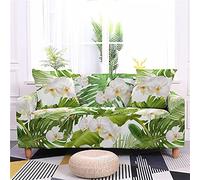 Sofa Cover Green White Flowers Stretch Sofa Slipcovers Spandex Settee Covers Washable Sofa Protectors from Pets Non Slip Couch Covers All Seasons Couch Cover with Elastic Strap 4 Seater
