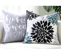 Sofa Cushion Covers 40 x 40, 2 Pack Black and Grey Dahlia Floral Print Bed Decor Cushions Cover, Garden Decorative Pillowcase with Home Sweet Letters, for Living Room Furniture Pillows Decoation