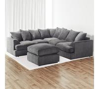 Sofa Scene Kingsize Symmetrical Corner Sofa Grey Jumbo Cord Sofa Suite With Footstool