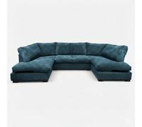 Sofaselectionuk Ltd Jumbo Cord U Shaped Full Back Sofa In Blue Colour Large 6 To 7 Seater With Supportive Memory Foam Seating